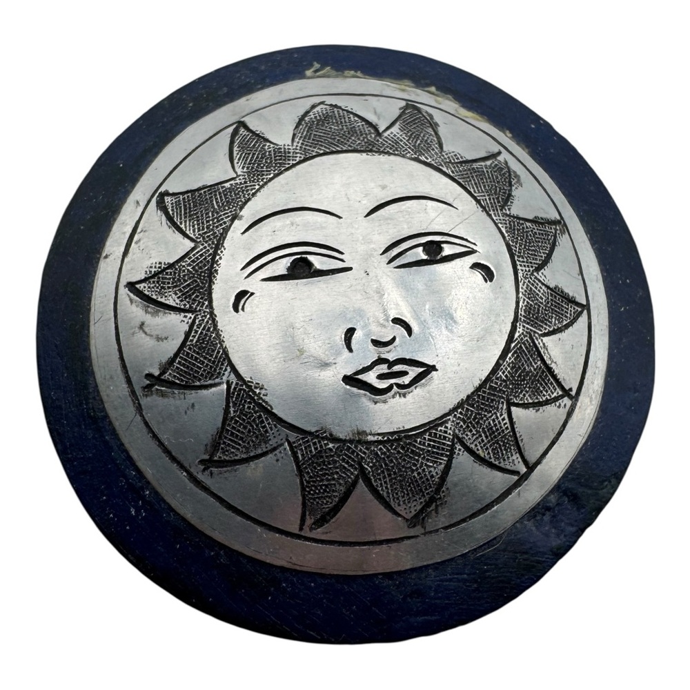 Vintage 2” Round Trinket Box with Sun Face Design –‎ Handcrafted